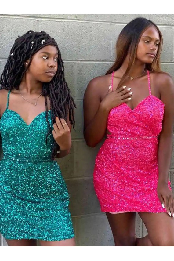 V-Neck Velvet Sequin Dark Green Short Homecoming Dress / Prom Dress Canada Shop