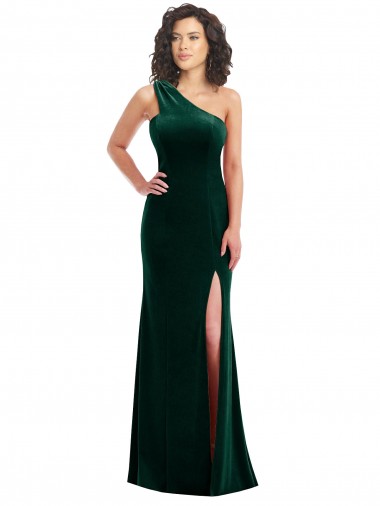 One Shoulder Stretch Velvet Dark Green Long Prom Dress Canada Shop