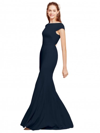 Open Back Boat Neck Stretch Crepe Dark Navy Long Sexy Prom Dress Canada Shop