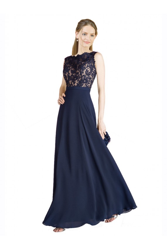 V-Back Illusion Neck Soft Chiffon & Lace Dark Navy Long Prom Dress Canada Shop