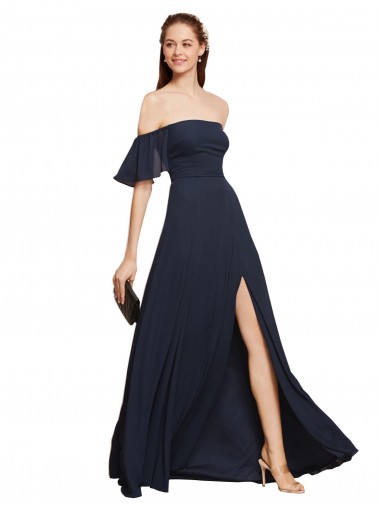 Off the Shoulder Luxe Chiffon Dark Navy Long Prom Dress Canada Shop