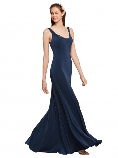 Low Back Round Neck Stretch Crepe Dark Navy Long Prom Dresses Canada Shop