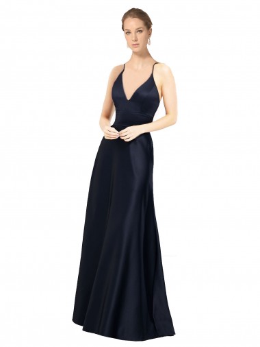Spaghetti Straps Satin Dark Navy Long Prom Dresses Canada Shop