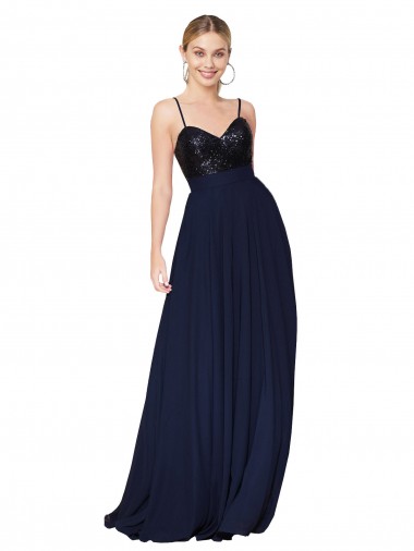 Spaghetti Straps Soft Chiffon & Sequin Dark Navy Long Prom Dress Canada Shop