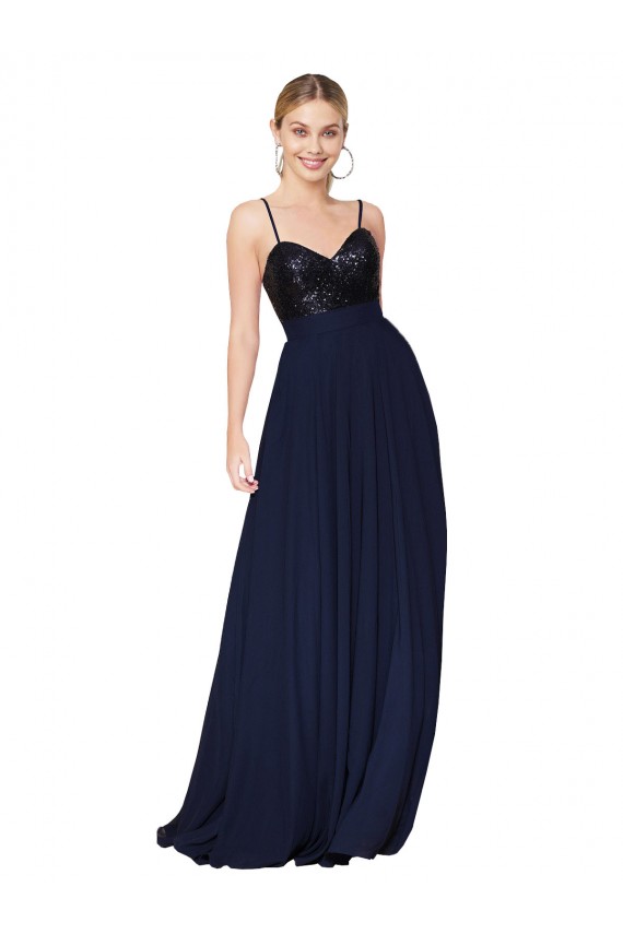 Spaghetti Straps Soft Chiffon & Sequin Dark Navy Long Prom Dress Canada Shop