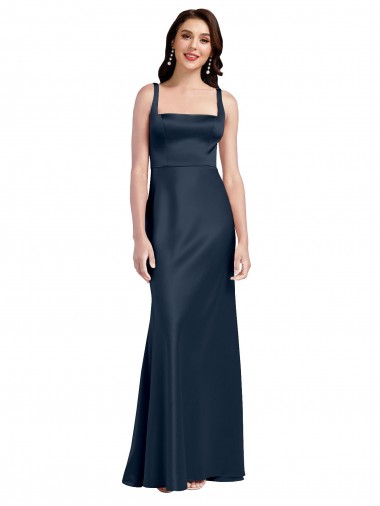 Low Back Square Neck Stretch Satin Dark Navy Long Bridal Party Dress Canada Shop