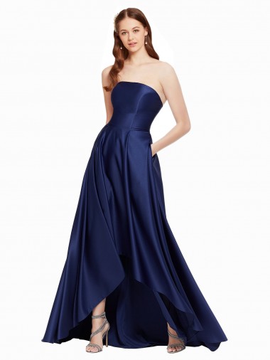 Low Back Strapless Satin Dark Navy Long Prom Dresses Canada Shop