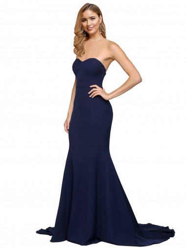 Low Back Sweetheart Stretch Crepe Dark Navy Sweep Train Prom Dress Canada Shop