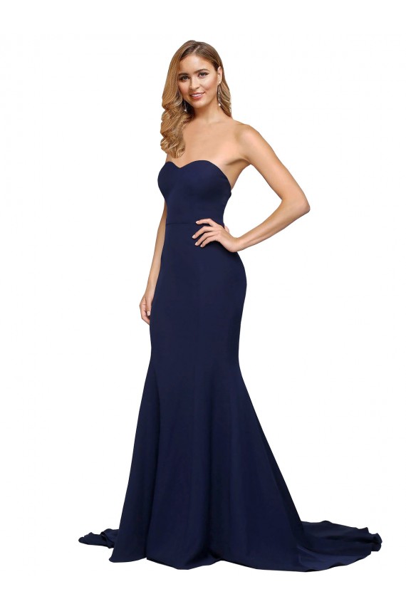 Low Back Sweetheart Stretch Crepe Dark Navy Sweep Train Prom Dress Canada Shop
