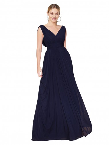 V-Neck Soft Chiffon Dark Navy Long Wedding Guest Dress Canada Shop