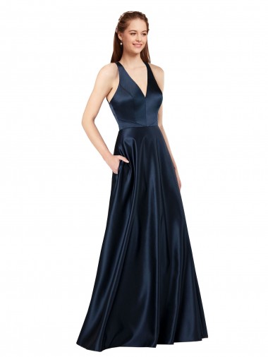 Keyhole Back V-Neck Luxe Satin Dark Navy Long Prom Dress Canada Shop