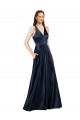 Keyhole Back V-Neck Luxe Satin Dark Navy Long Prom Dress Canada Shop