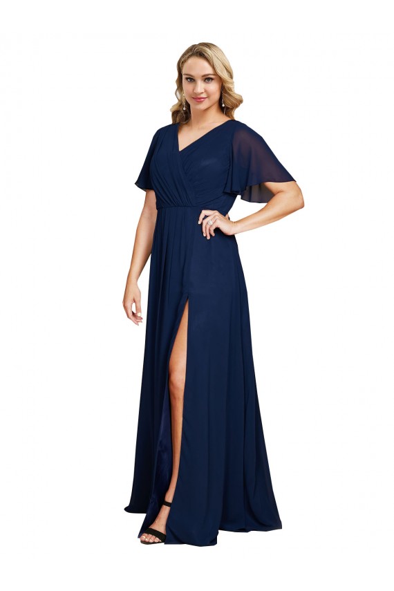 V-Neck Soft Chiffon Dark Navy Long Plus Size Prom Dress Canada Shop