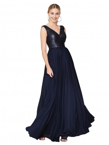 V-Back V-Neck Soft Chiffon & Sequin Dark Navy Long Prom Dress Canada Shop