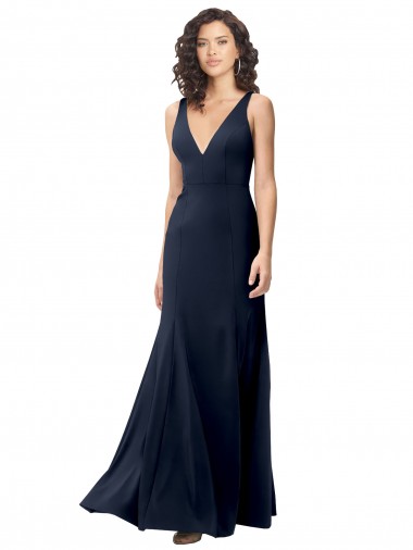 High Neck Stretch Crepe Dark Navy Long A-Line Prom Dress Canada Shop
