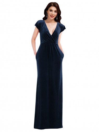 V-Neck Stretch Velvet Dark Navy Flutter Sleeves Long Prom Dress Canada Shop