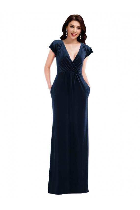 V-Neck Stretch Velvet Dark Navy Flutter Sleeves Long Prom Dress Canada Shop