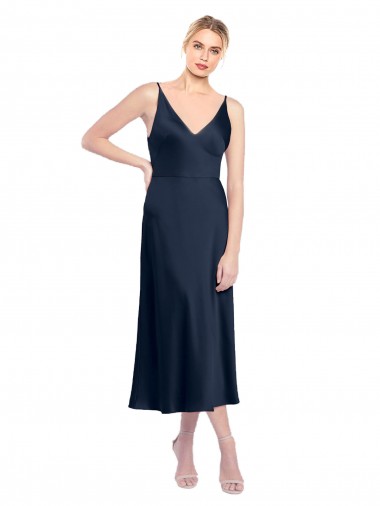 V-Back V-Neck Stretch Satin Dark Navy Midi Length Prom Dress Canada Shop