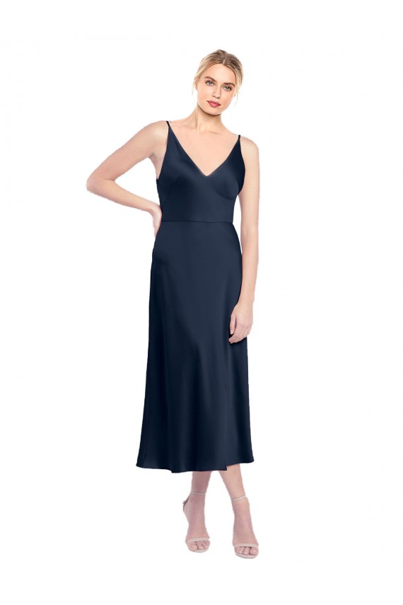 V-Back V-Neck Stretch Satin Dark Navy Midi Length Prom Dress Canada Shop