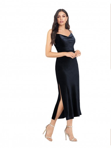 Low Back Cowl Neck Stretch Velvet Dark Navy Midi Length Prom Dress Canada Shop