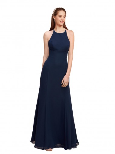 Halter Neck Soft Chiffon Dark Navy Long Prom Dress Canada Shop
