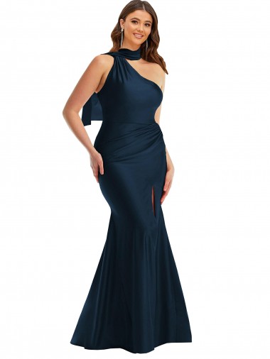 One Shoulder Silky Satin Dark Navy Long Plus Size Prom Dress Canada Shop