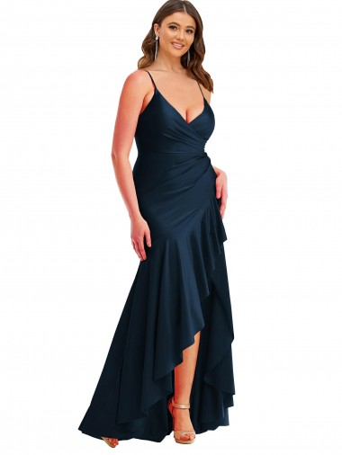 Spaghetti Straps Silky Satin Dark Navy Long Plus Size Prom Dress Canada Shop