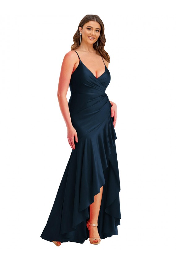 Spaghetti Straps Silky Satin Dark Navy Long Plus Size Prom Dress Canada Shop