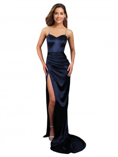 Sweetheart Stretch Satin Dark Navy Long Sexy Prom Dress Canada Shop