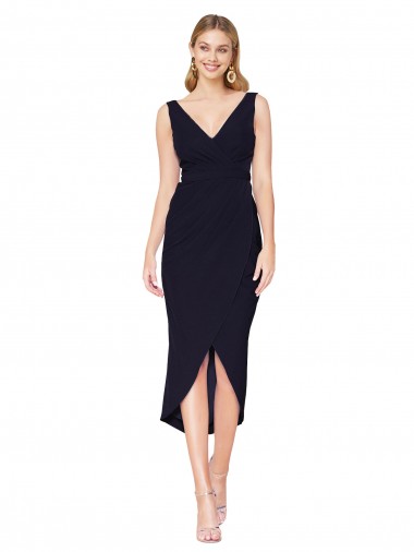 V-Neck Stretch Crepe Dark Navy Knee Length Prom Dress Canada Shop