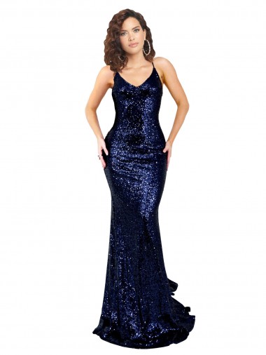 Open Back V-Neck Sequin Dark Navy Long Sexy Prom Dress Canada Shop