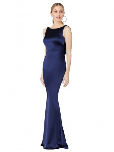 Low Back Halter Neck Stretch Satin Dark Navy Long Prom Dress Canada Shop