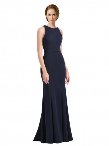 Keyhole Back Scoop Neck Stretch Crepe Dark Navy Long Prom Dress Canada Shop