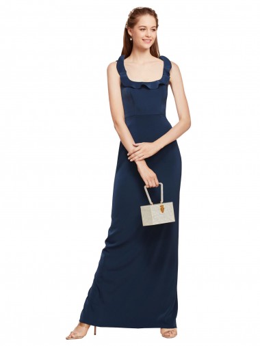 Low Back Scoop Neck Stretch Crepe Dark Navy Long Prom Dress Canada Shop