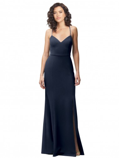 Open Back Spaghetti Straps Stretch Crepe Dark Navy Long Prom Dress Canada Shop