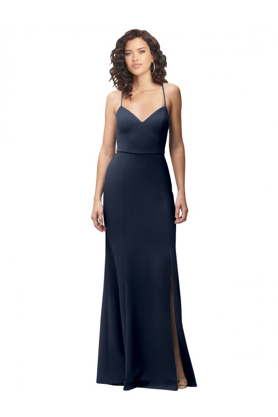 Open Back Spaghetti Straps Stretch Crepe Dark Navy Long Prom Dress Canada Shop