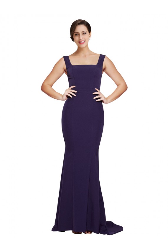 Square Neck Stretch Crepe Dark Navy Sweep Train Prom Dress Canada Shop