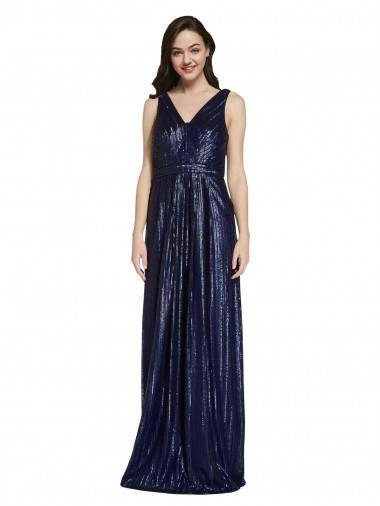 V-Back V-Neck Sequin Dark Navy Long Prom Dress Canada Shop