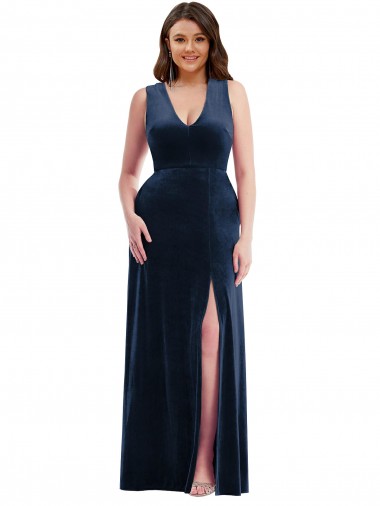 V-Neck Stretch Velvet Dark Navy Long Prom Dress Canada Shop