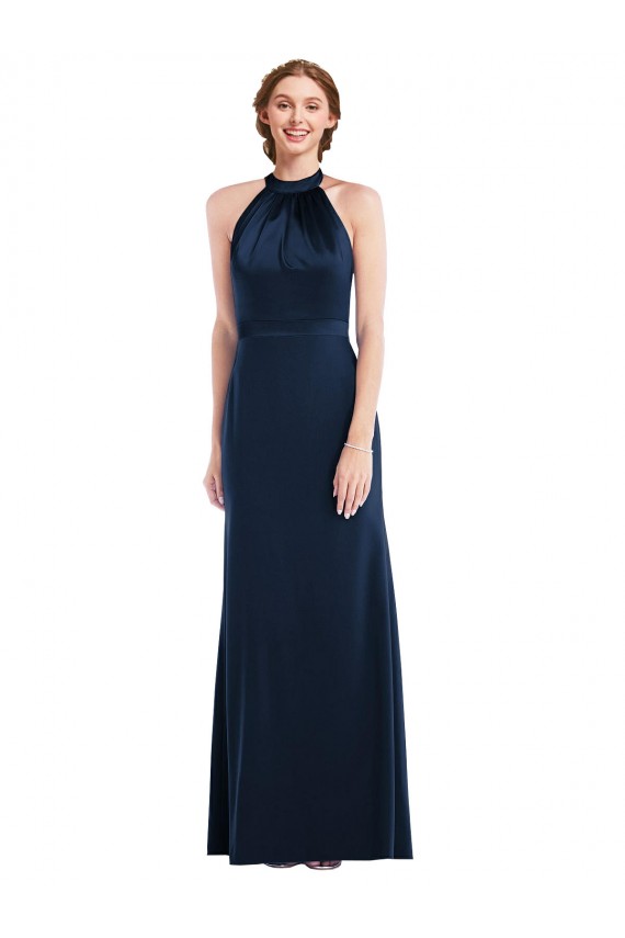Open Back High Neck Stretch Crepe Dark Navy Long Formal Bridesmaid Gown Canada Shop