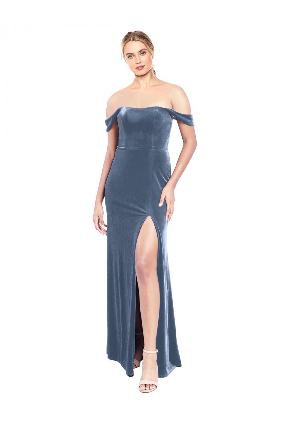 Strapless Stretch Velvet Dusty Blue Long A-Line Prom Dress Canada Shop