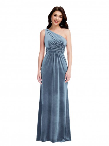 Off the Shoulder Stretch Velvet Dusty Blue Long A-Line Prom Dress Canada Shop