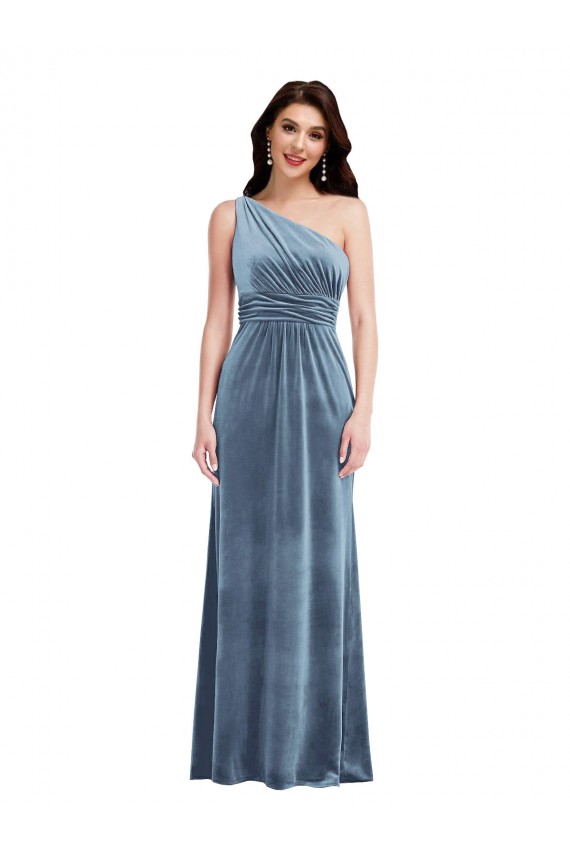 Off the Shoulder Stretch Velvet Dusty Blue Long A-Line Prom Dress Canada Shop