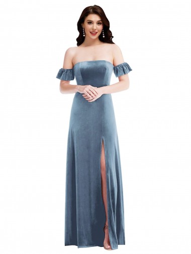Low Back Off the Shoulder Stretch Velvet Dusty Blue Long Prom Dress Canada Shop