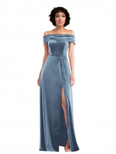 Off the Shoulder Stretch Velvet Dusty Blue Long Prom Dress Canada Shop