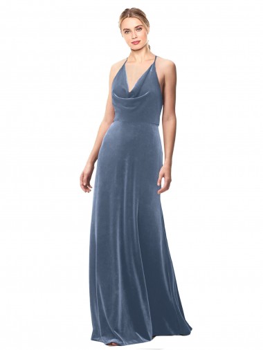Keyhole Back Spaghetti Straps Stretch Velvet Dusty Blue Long Prom Dress Canada Shop