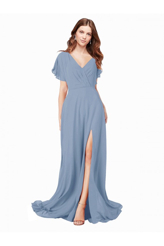 V-Neck Soft Chiffon Dusty Blue Cap Sleeves Long Prom Dress Canada Shop