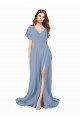 V-Neck Soft Chiffon Dusty Blue Cap Sleeves Long Prom Dress Canada Shop