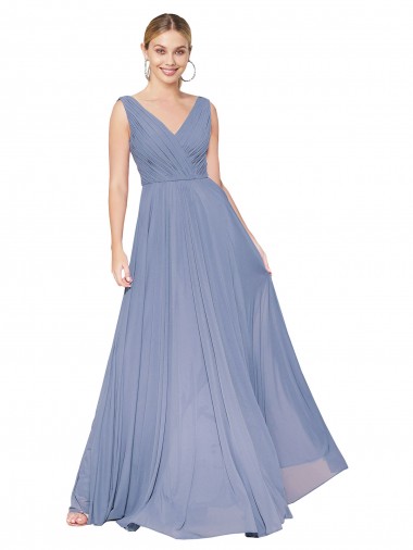 V-Back V-Neck Soft Chiffon Dusty Blue Long Wedding Guest Dress Canada Shop