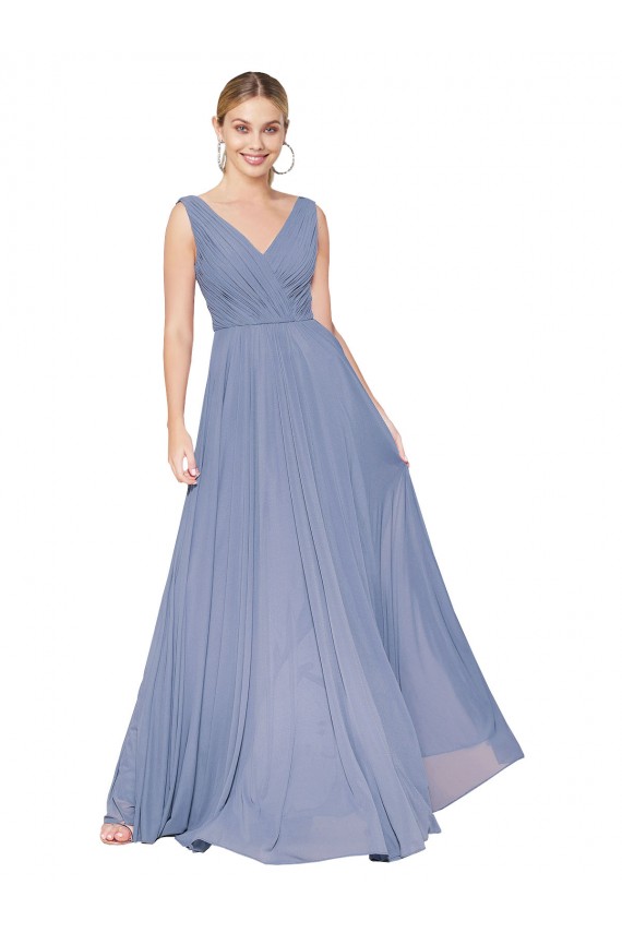 V-Back V-Neck Soft Chiffon Dusty Blue Long Wedding Guest Dress Canada Shop